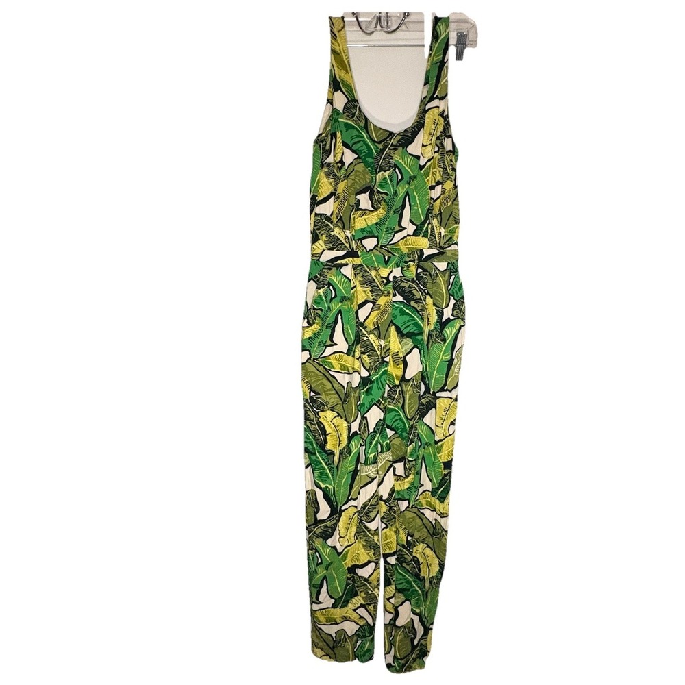 Topshop Women Green Multi Color Jumpsuit Leaf Print Size 4 Straight Leg Pockets